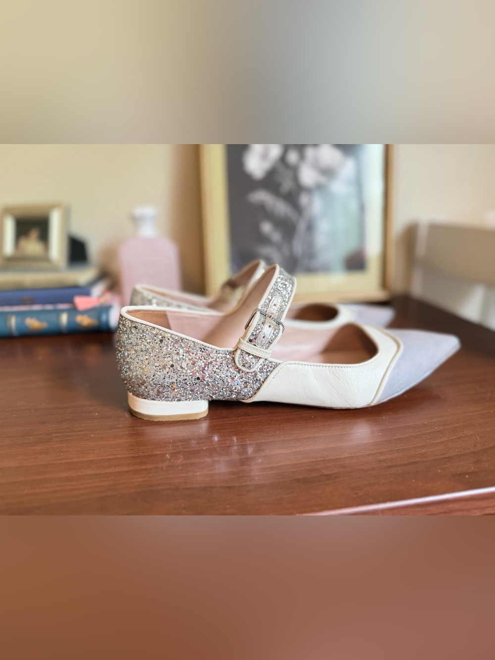 Miu Miu Mary Jane Sparkle White Gray Leather Ballet Flats | Size 7 - Picture 5 of 9